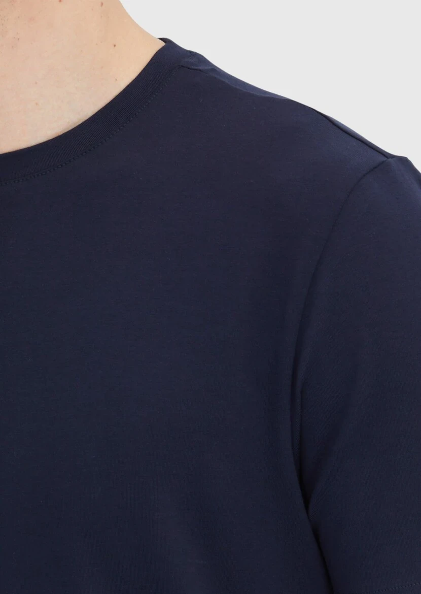 Navy Blue Plain Crew Neck Cotton Blended T-Shirt - 4