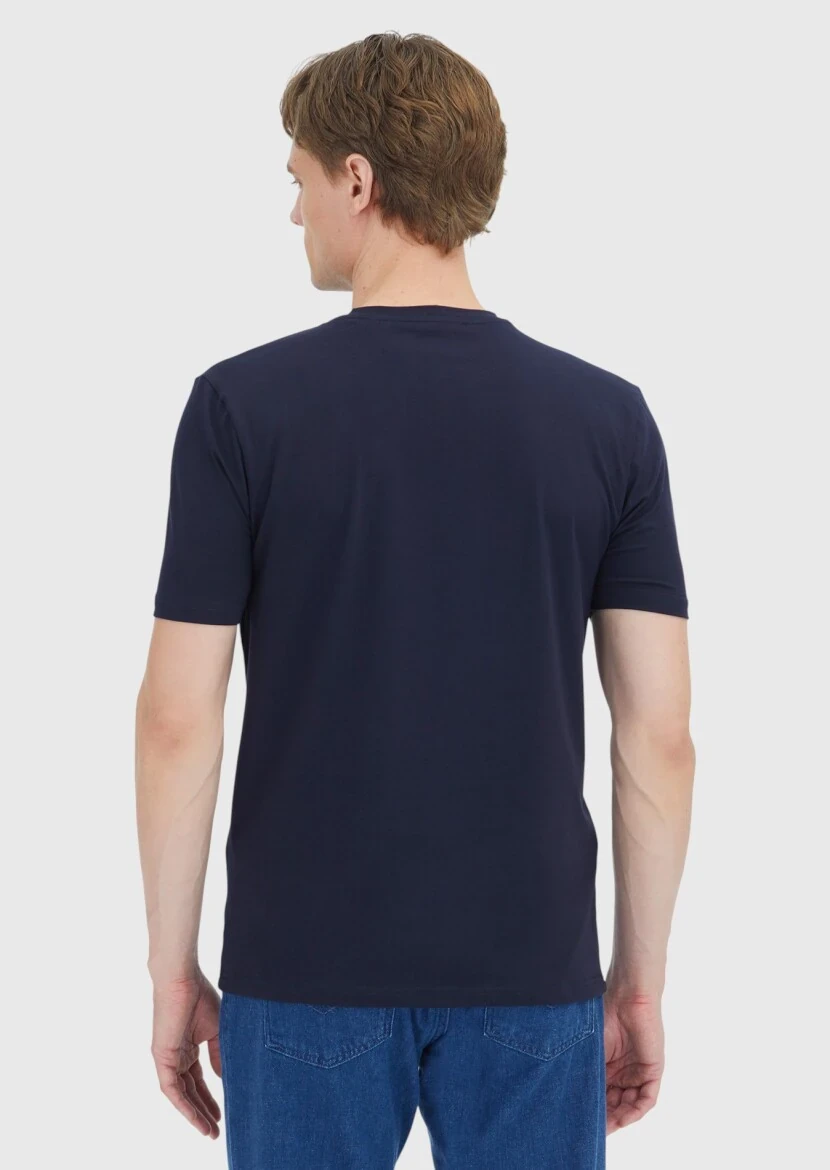 Navy Blue Plain Crew Neck Cotton Blended T-Shirt - 5