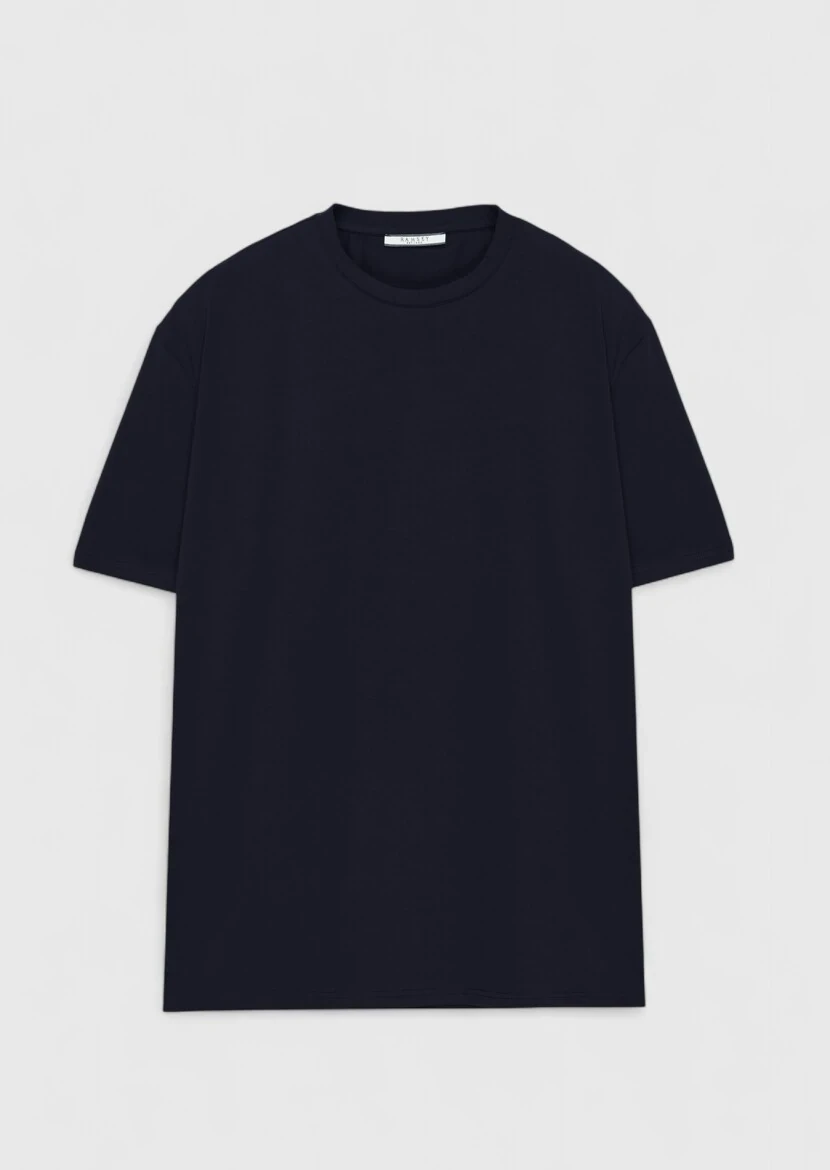 Navy Blue Plain Crew Neck Cotton Blended T-Shirt - 6