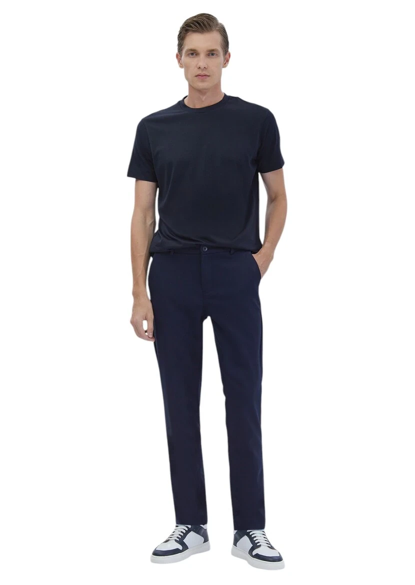 Navy Blue Plain Crew Neck Silk Blended T-Shirt 