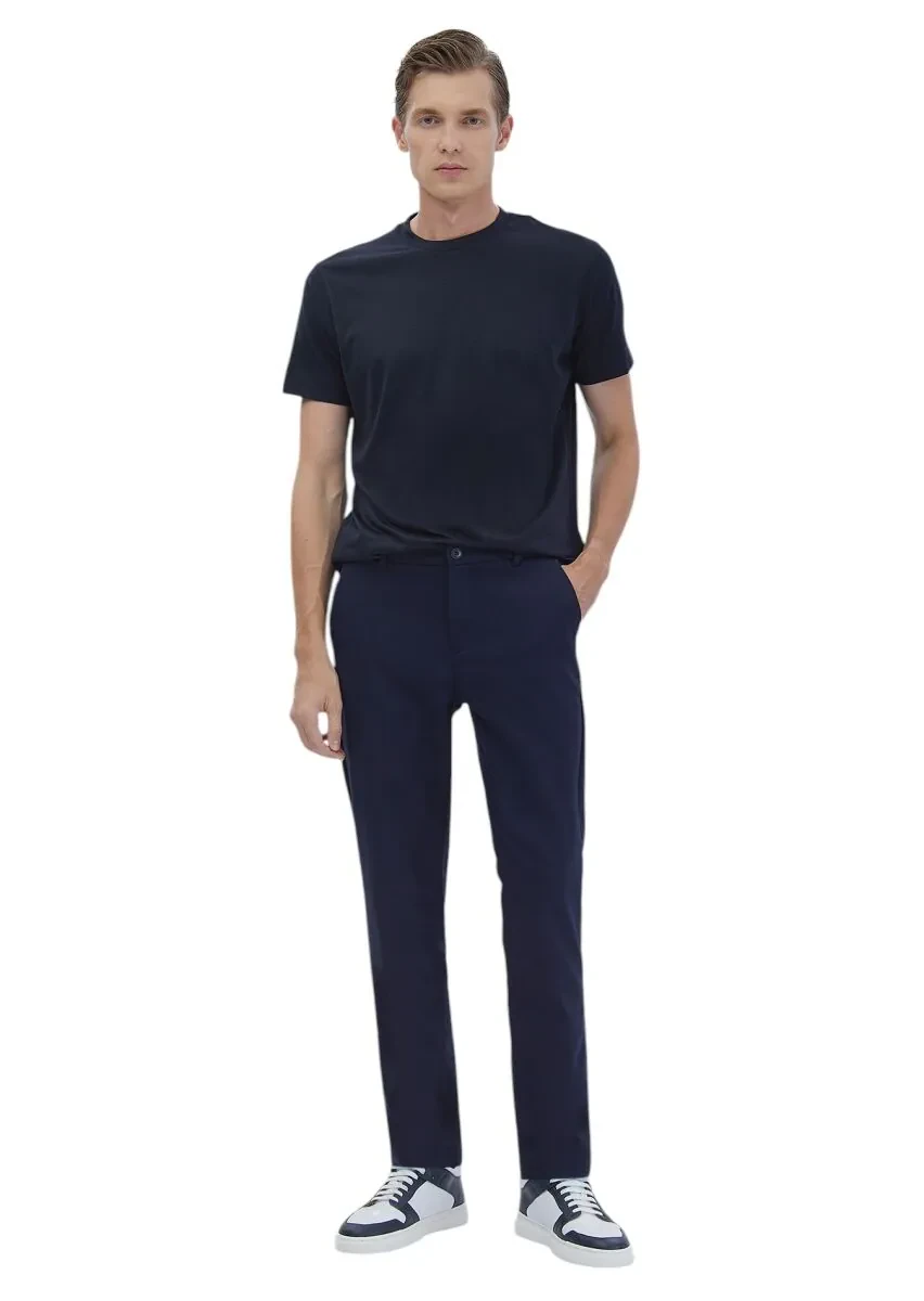 Navy Blue Plain Crew Neck Silk Blended T-Shirt - 2