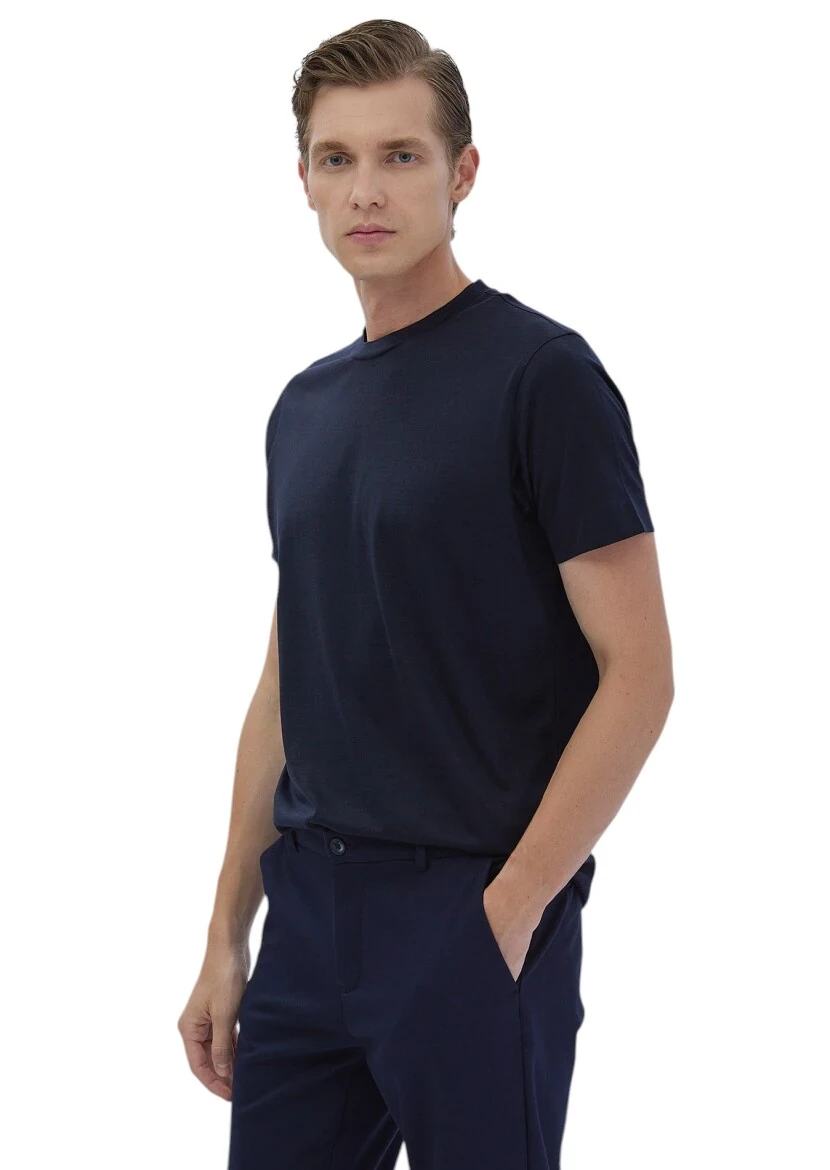 Navy Blue Plain Crew Neck Silk Blended T-Shirt - 3
