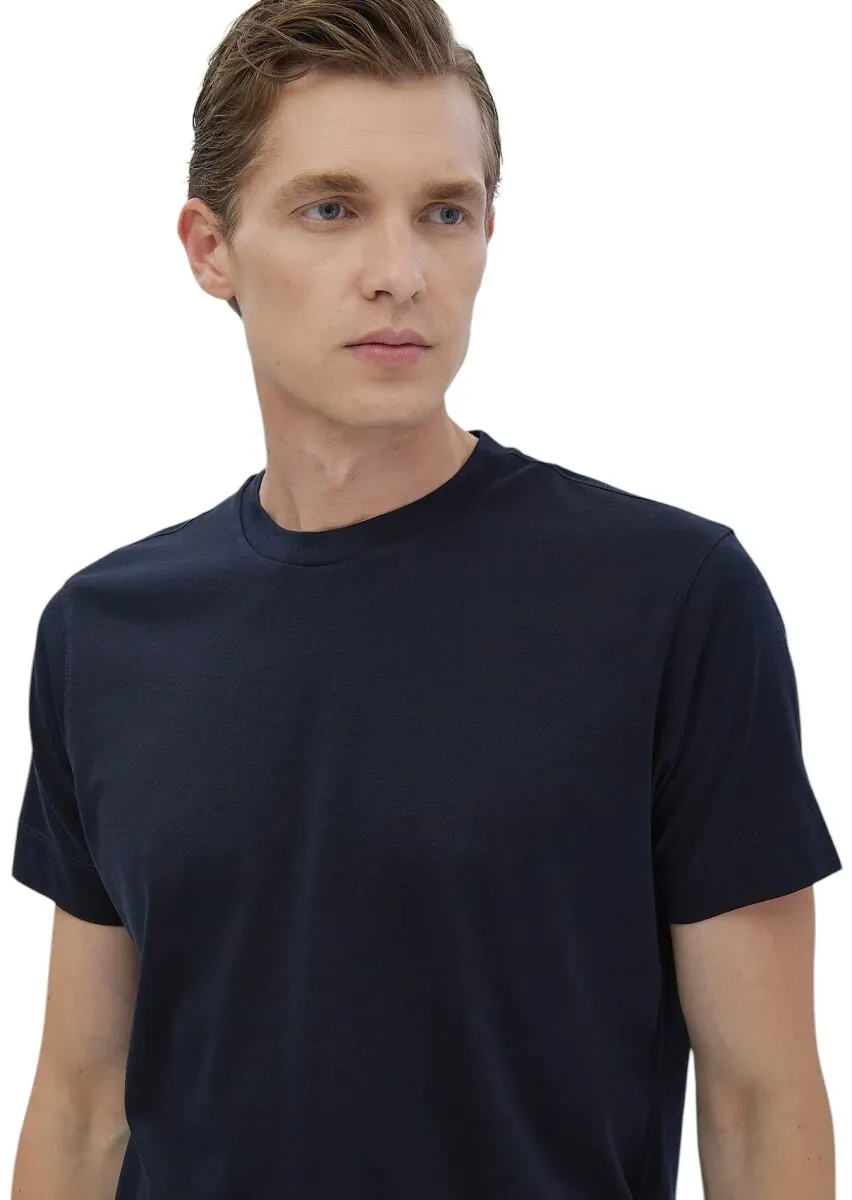 Navy Blue Plain Crew Neck Silk Blended T-Shirt - 4