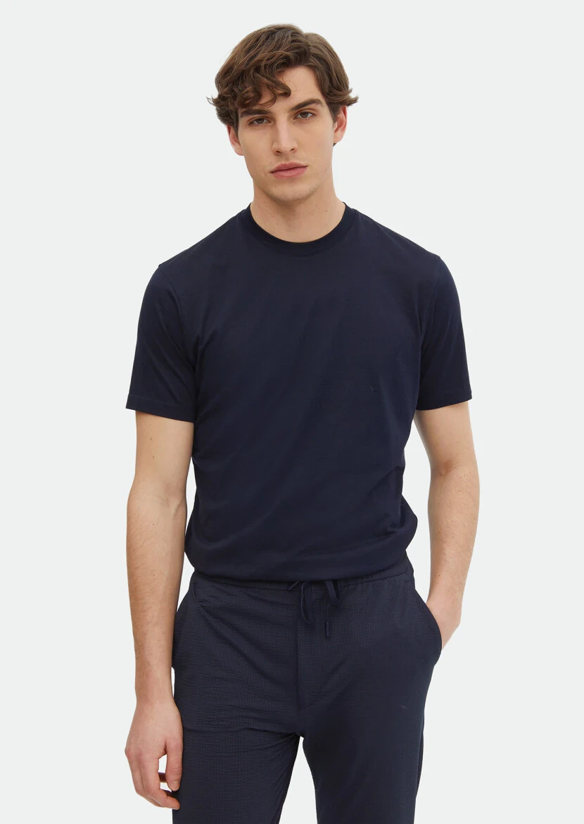 Navy Blue Plain Crew Neck Silk Blended T-Shirt - RAMSEY
