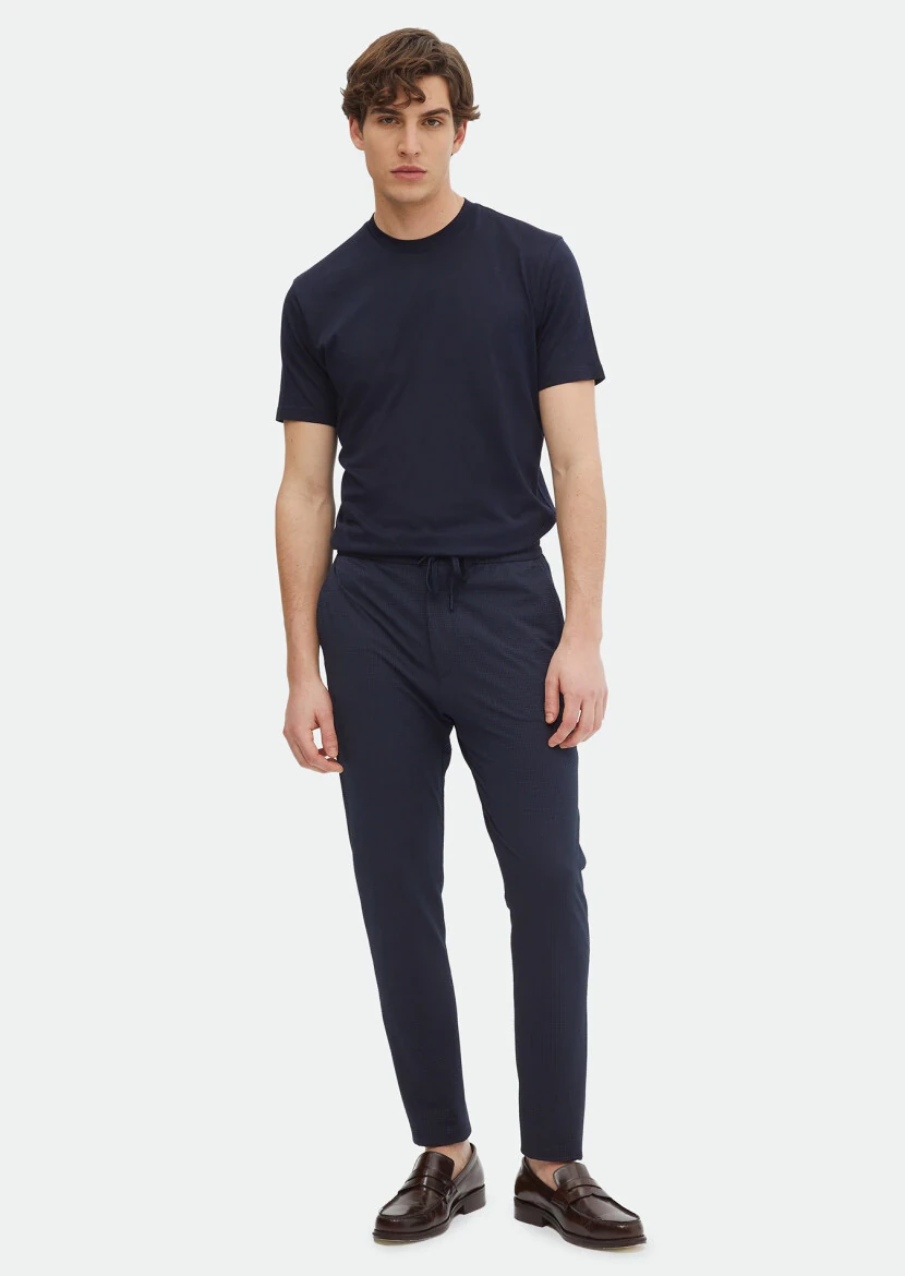 Navy Blue Plain Crew Neck Silk Blended T-Shirt - RAMSEY