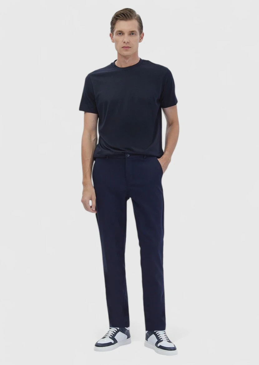 Navy Blue Plain Crew Neck Silk Blended T-Shirt 