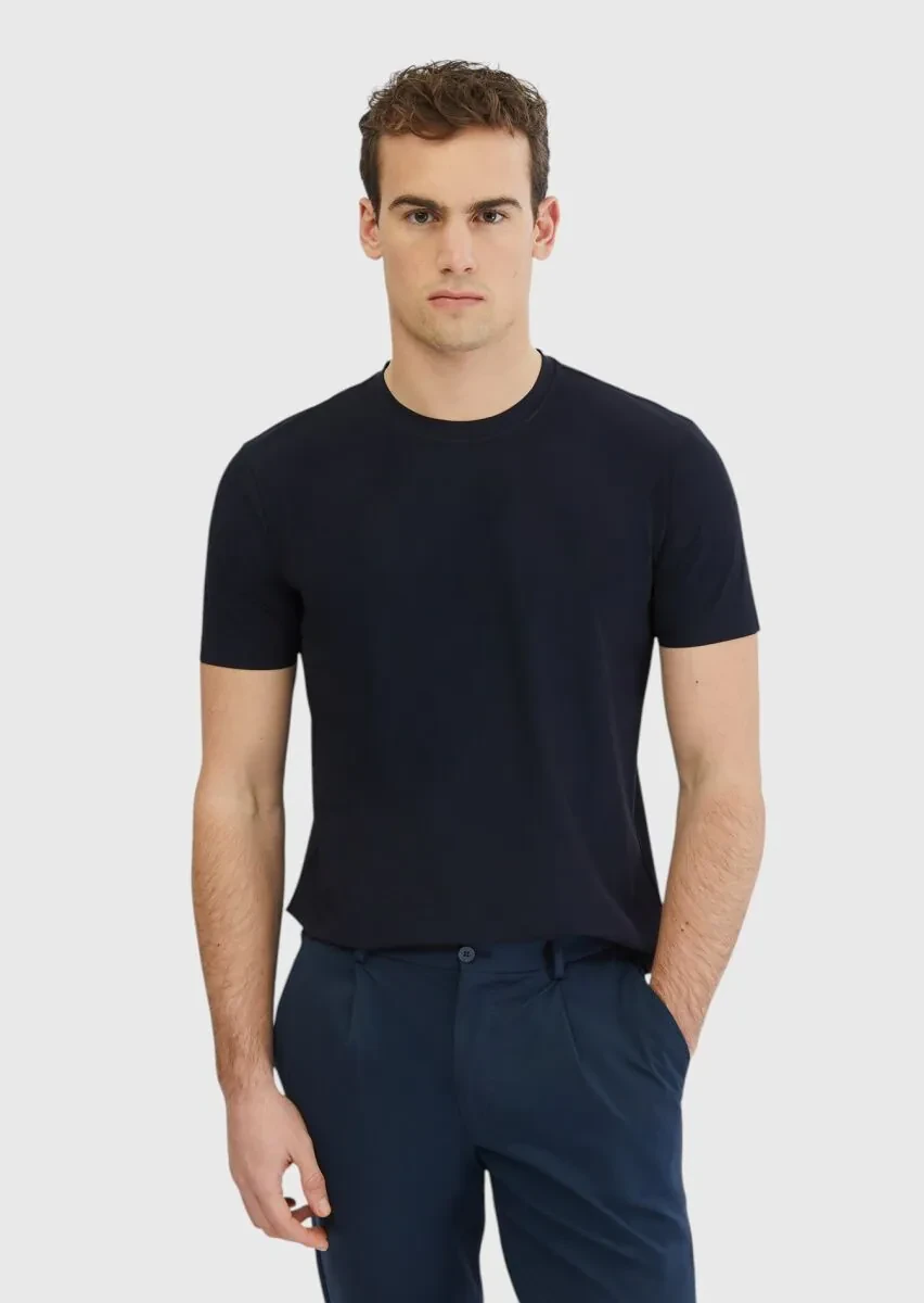 Navy Blue Plain Crew Neck T-Shirt - 1