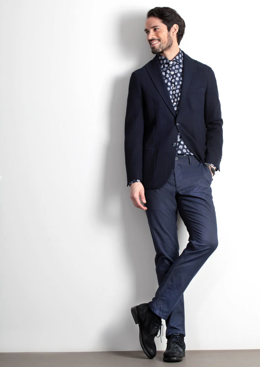 Navy Blue Plain Dynamic Fit Cotton Blended Jacket - 1