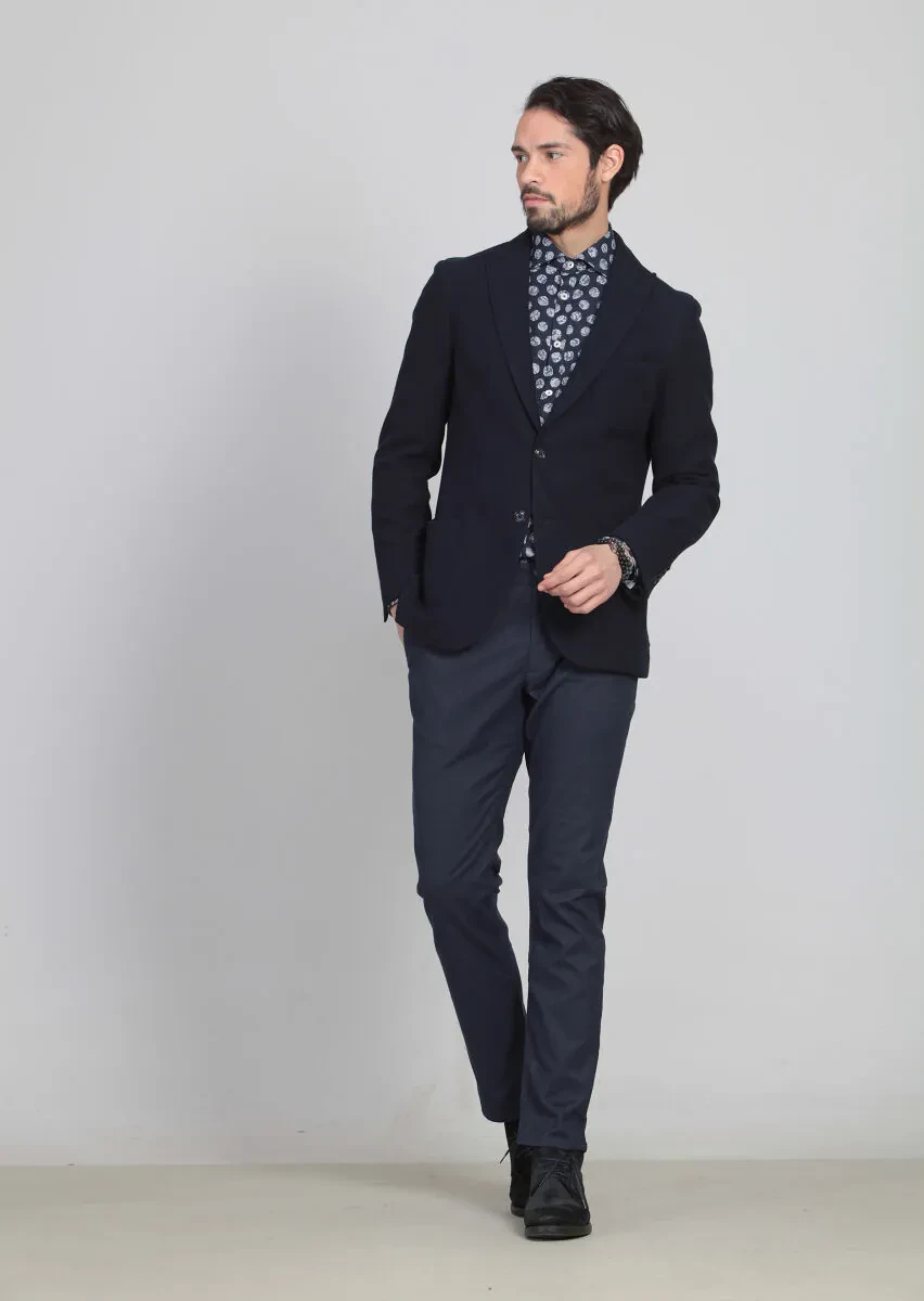 Navy Blue Plain Dynamic Fit Cotton Blended Jacket - 2