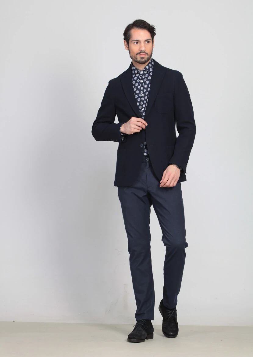 Navy Blue Plain Dynamic Fit Cotton Blended Jacket - 3