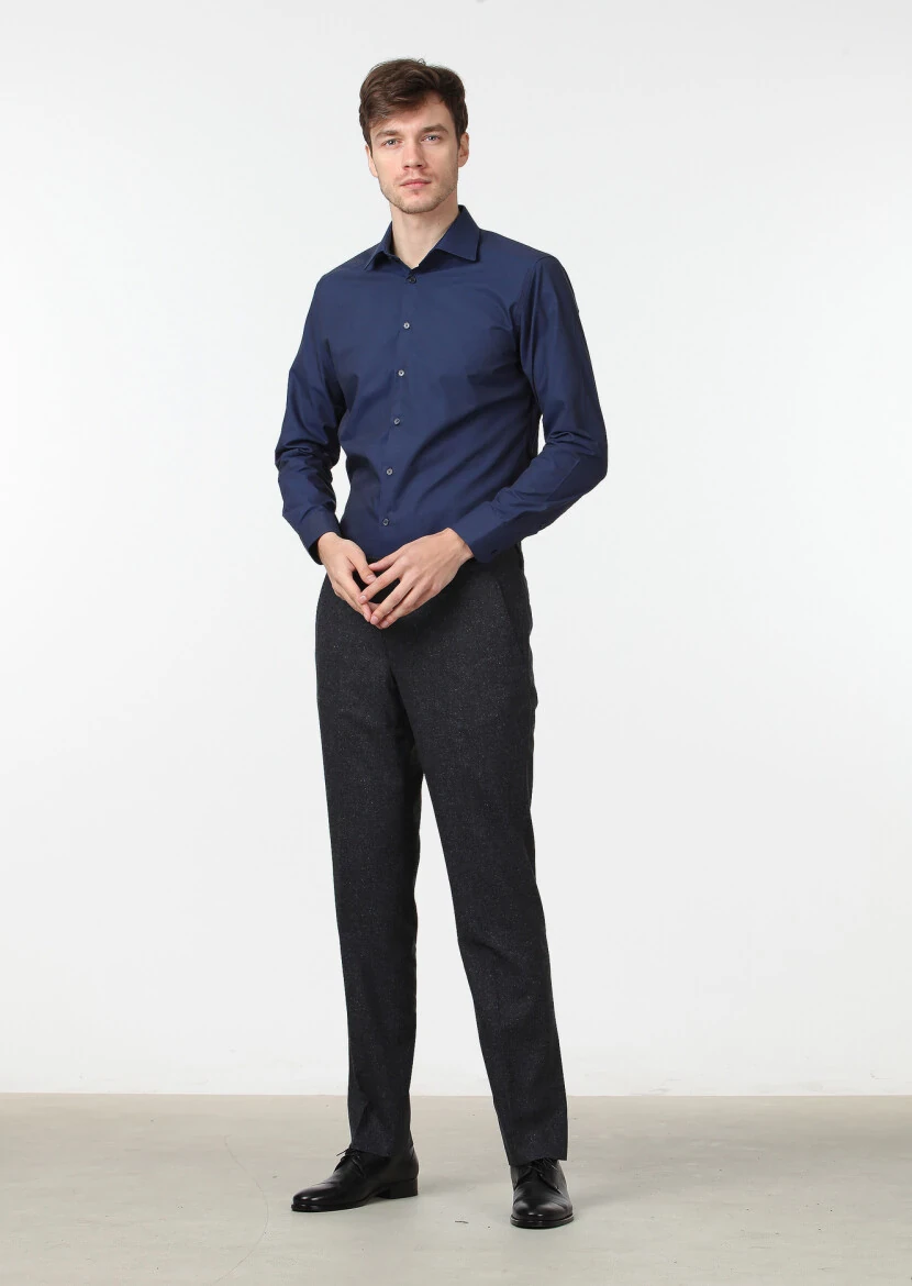 Navy Blue Plain Fitted Fit Weaving Classical Cotton Blended Shirt 