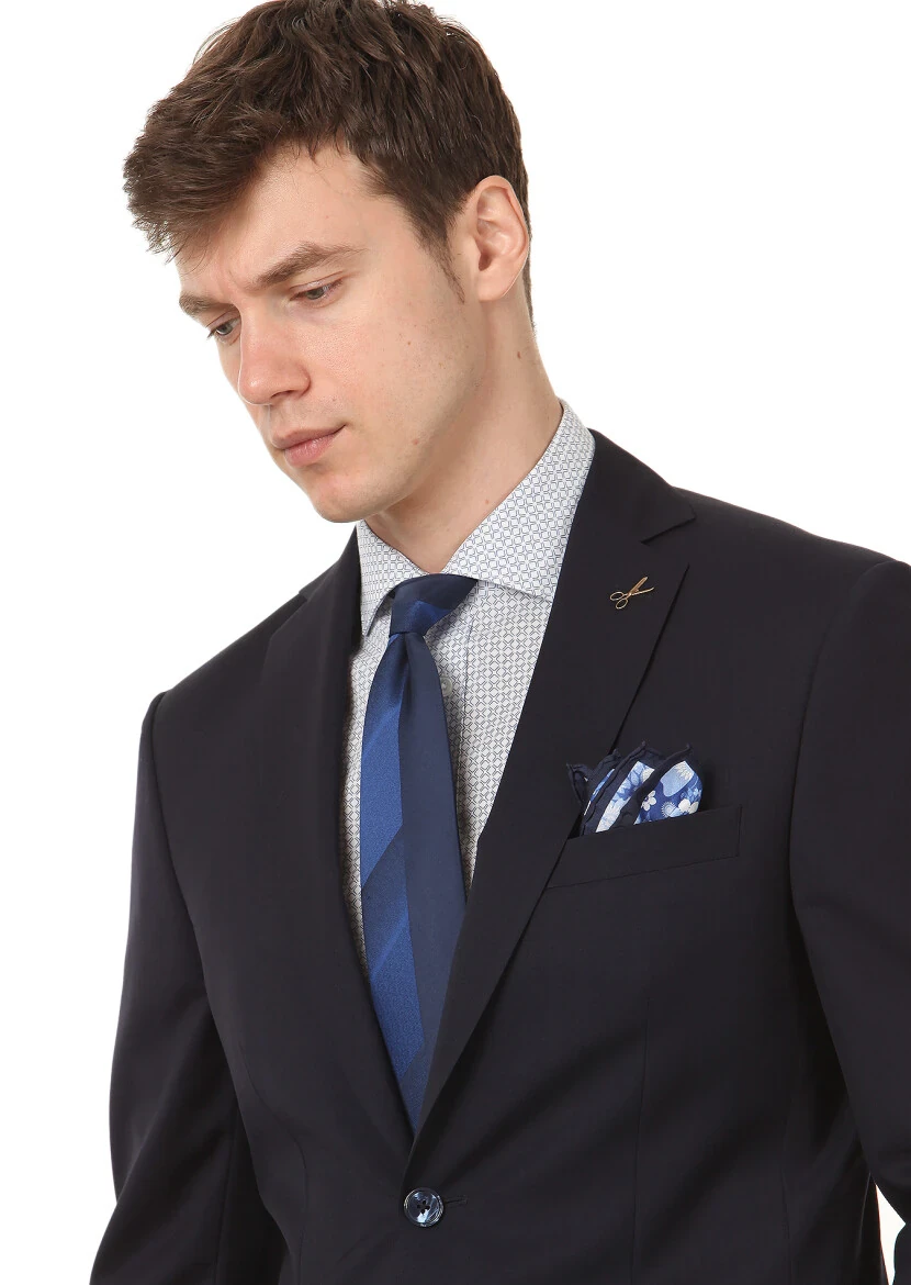 Navy Blue Plain Modern Fit 100% Wool Suit - RAMSEY
