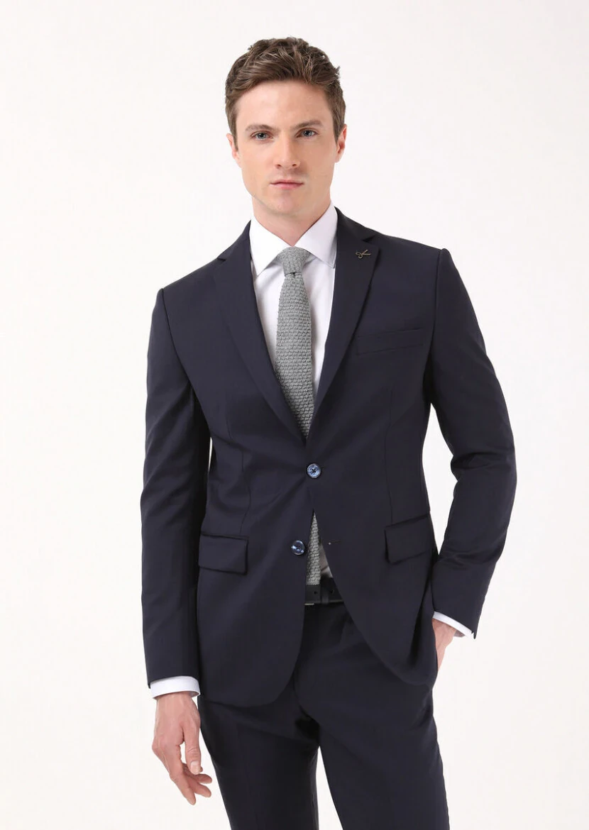 Navy Blue Plain Modern Fit 100% Wool Suit - RAMSEY