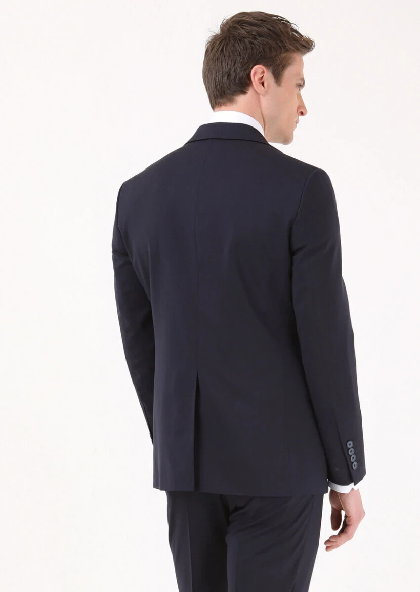 Navy Blue Plain Modern Fit 100% Wool Suit - 4
