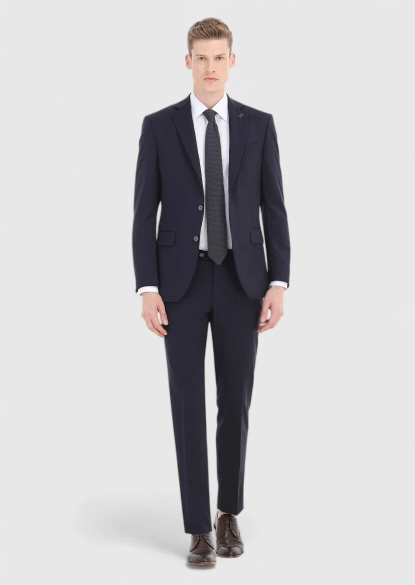 Navy Blue Plain Modern Fit 100% Wool Suit - 1