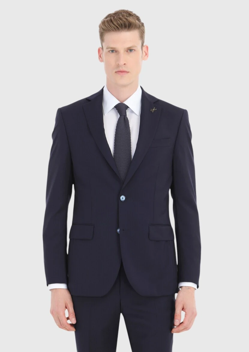 Navy Blue Plain Modern Fit 100% Wool Suit - 2