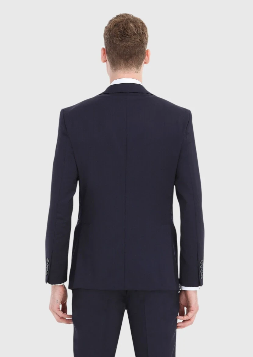 Navy Blue Plain Modern Fit 100% Wool Suit - 5