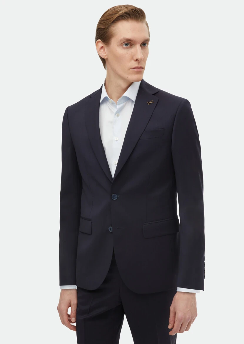 Navy Blue Plain Modern Fit 100% Wool Suit - RAMSEY