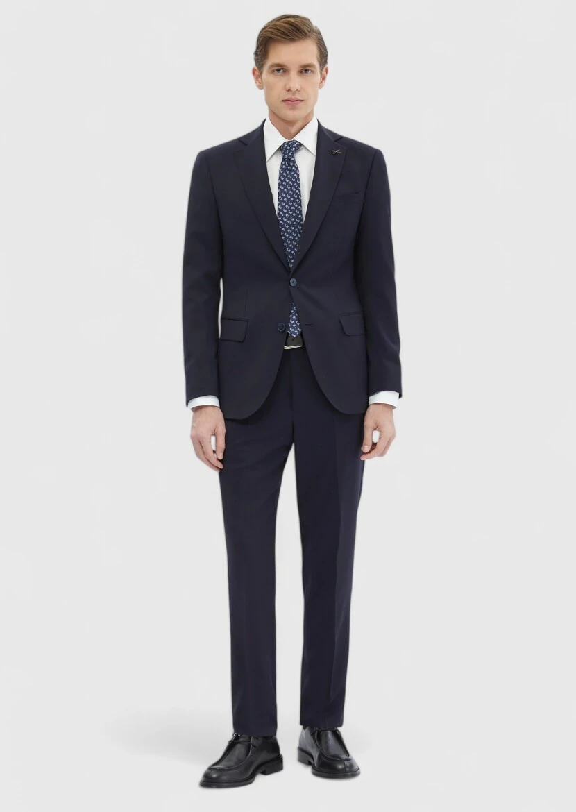 Navy Blue Plain Modern Fit 100% Wool Suit - RAMSEY