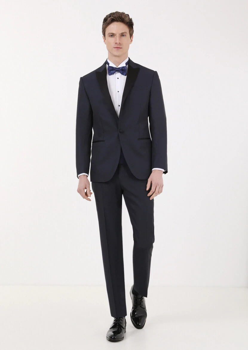 Navy Blue Plain Modern Fit Double Breasted Collar Weaving Tuxedo - RAMSEY