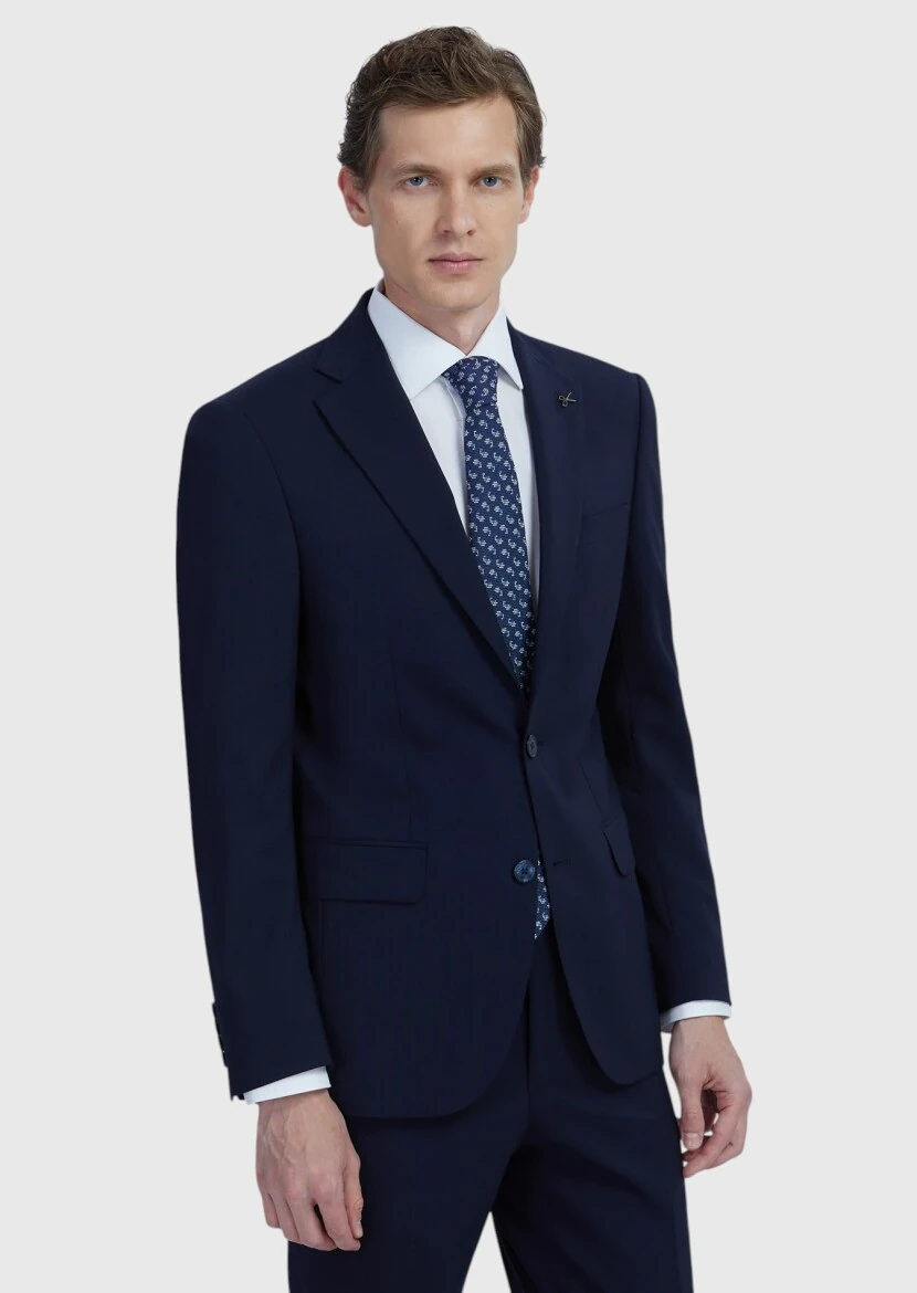 Navy Blue Plain Modern Fit Wool Blended Suit - RAMSEY
