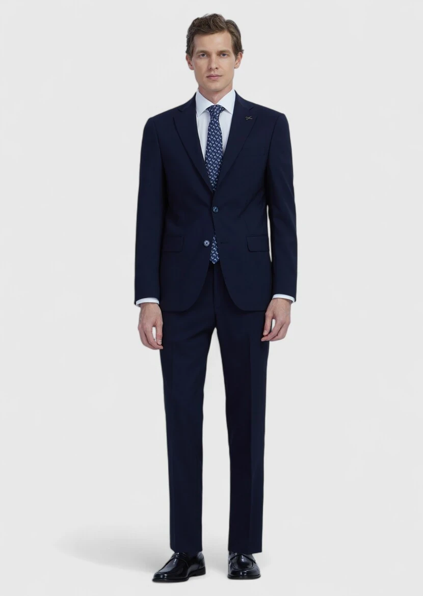 Navy Blue Plain Modern Fit Wool Blended Suit - RAMSEY
