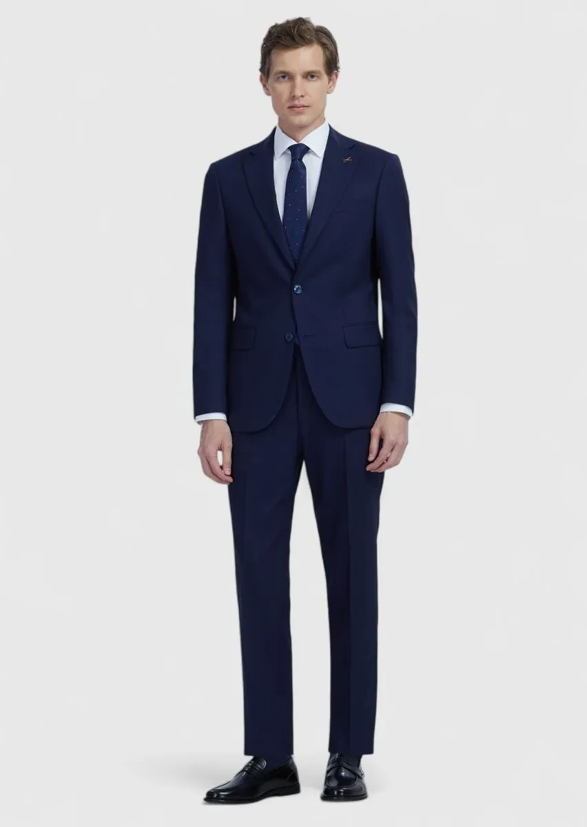 Navy Blue Plain Modern Fit Wool Blended Suit - 2