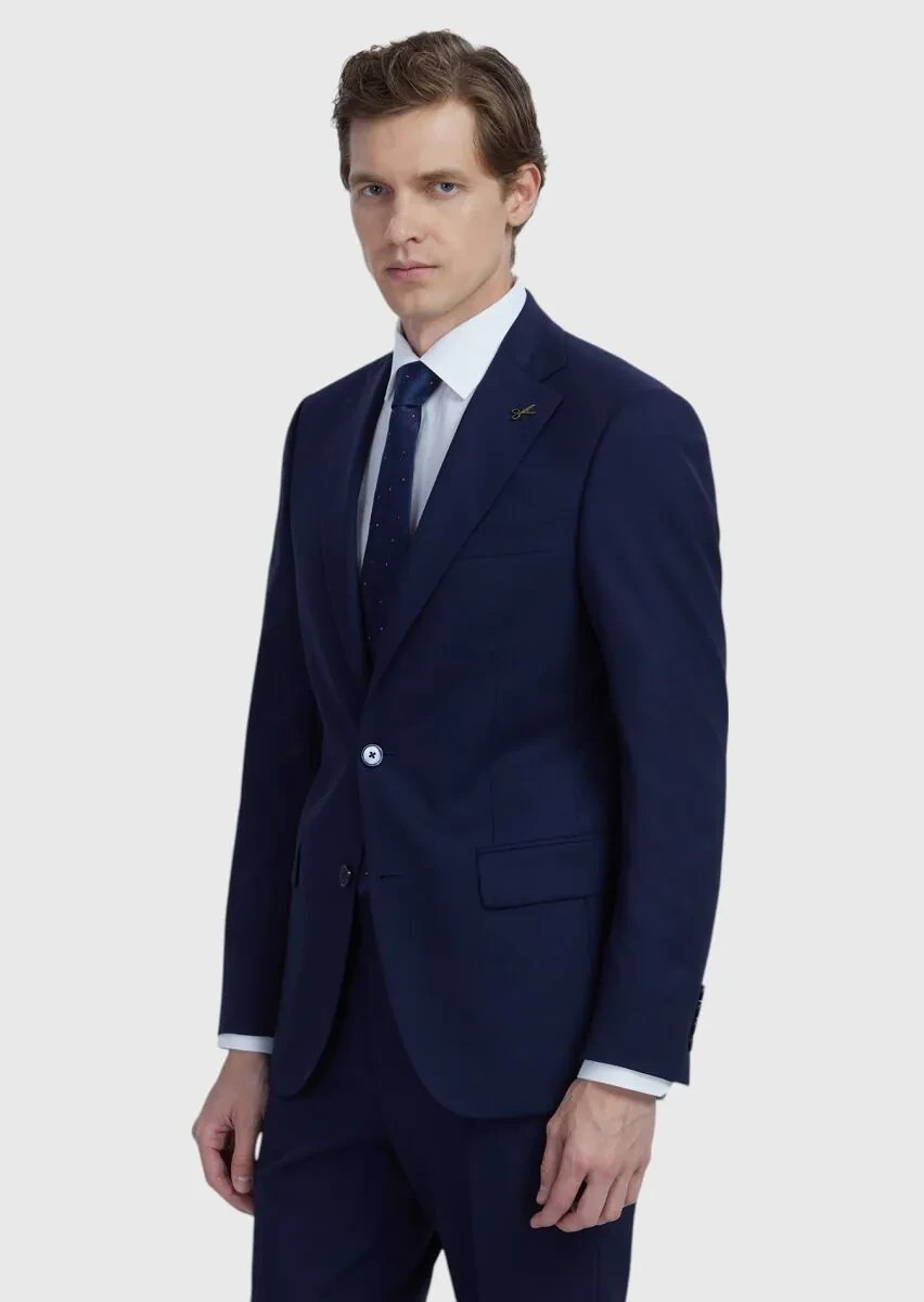 Navy Blue Plain Modern Fit Wool Blended Suit - 3