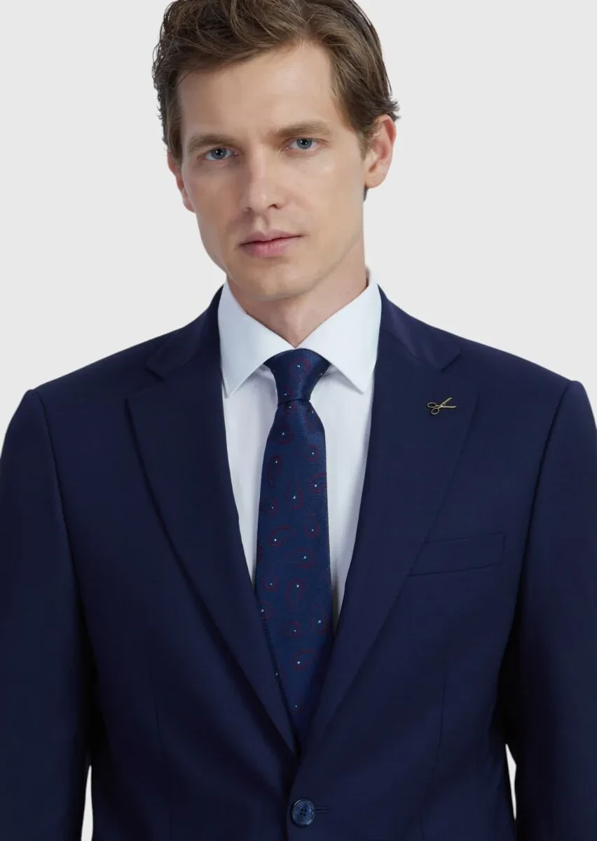 Navy Blue Plain Modern Fit Wool Blended Suit - 4
