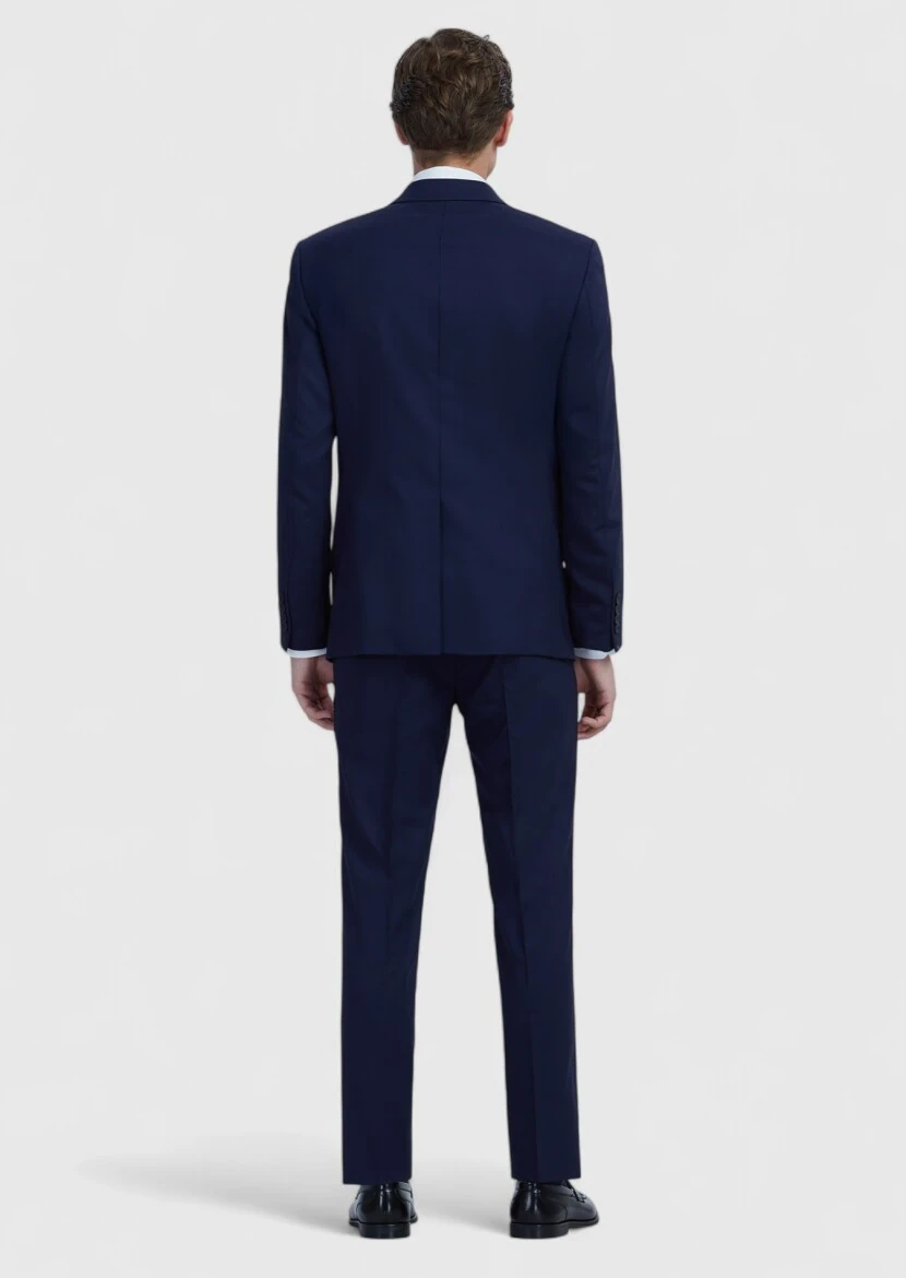 Navy Blue Plain Modern Fit Wool Blended Suit - 7