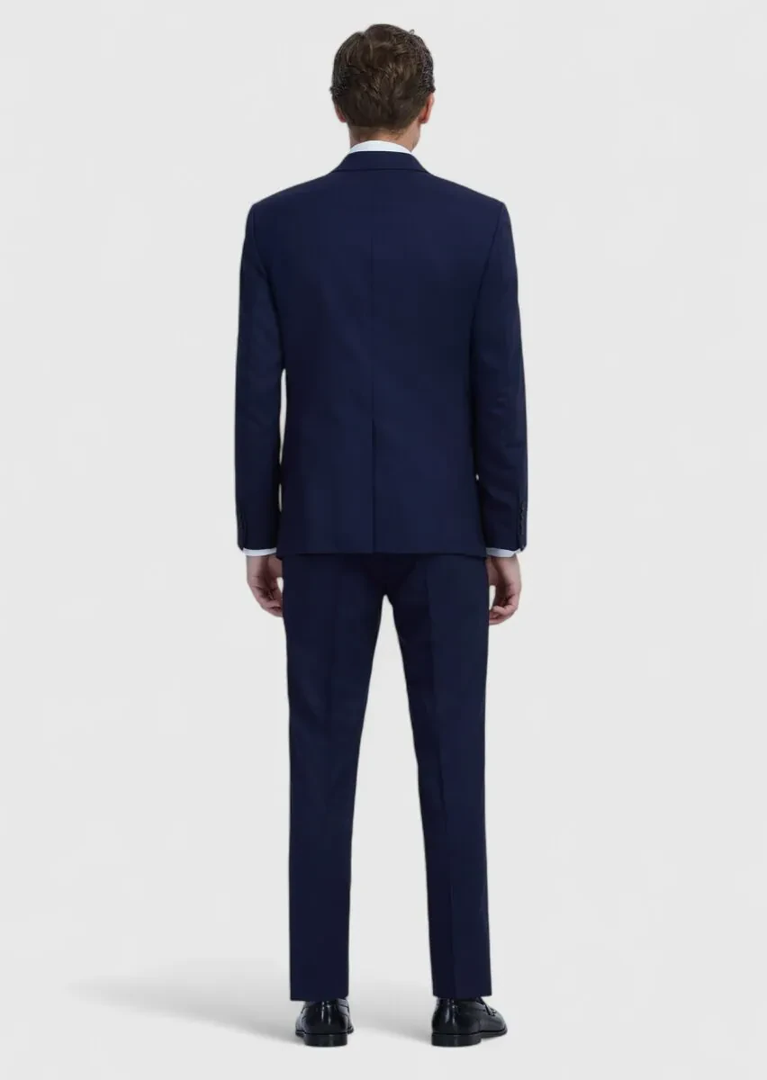 Navy Blue Plain Modern Fit Wool Blended Suit - 7
