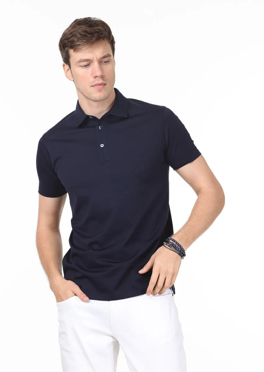 Navy Blue Plain Polo Neck 100% Cotton T-Shirt - 1