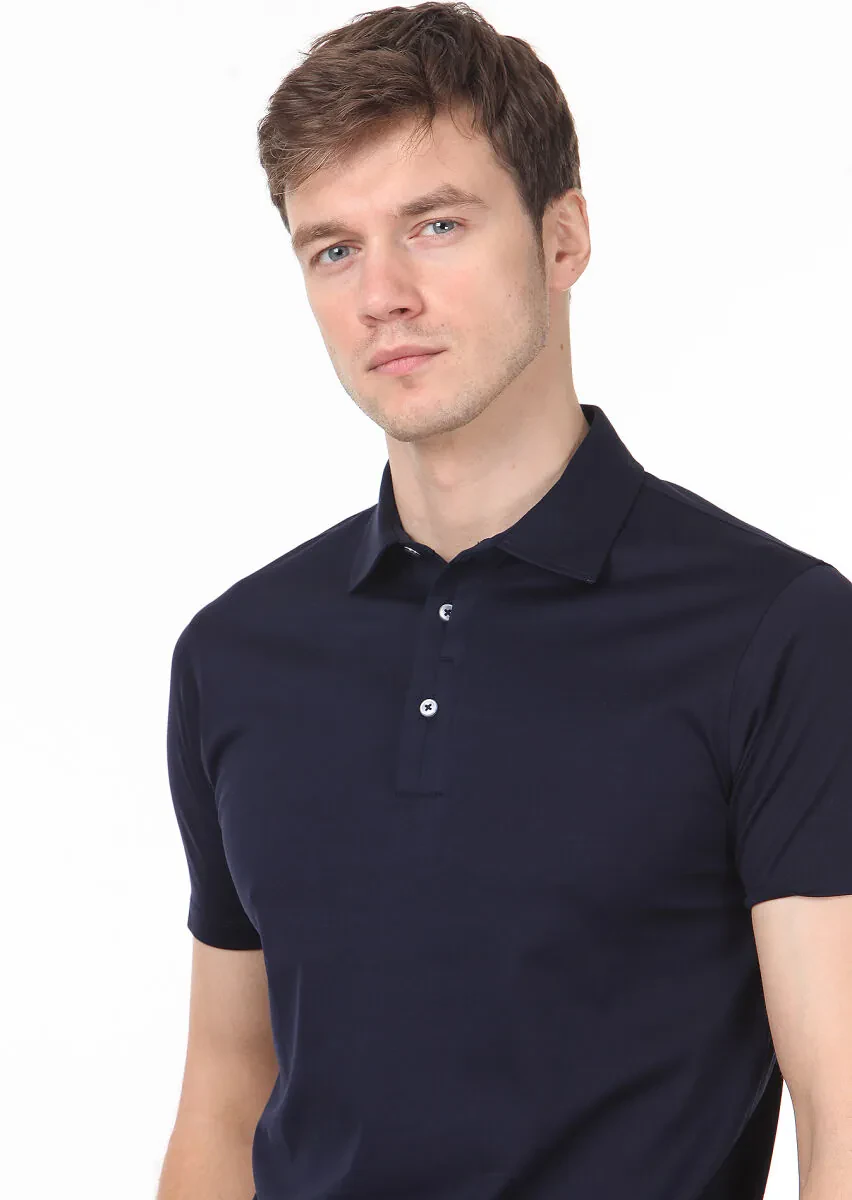 Navy Blue Plain Polo Neck 100% Cotton T-Shirt - 2