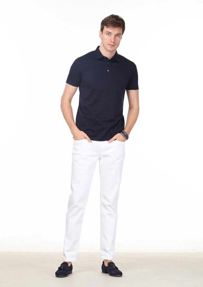 Navy Blue Plain Polo Neck 100% Cotton T-Shirt - 3