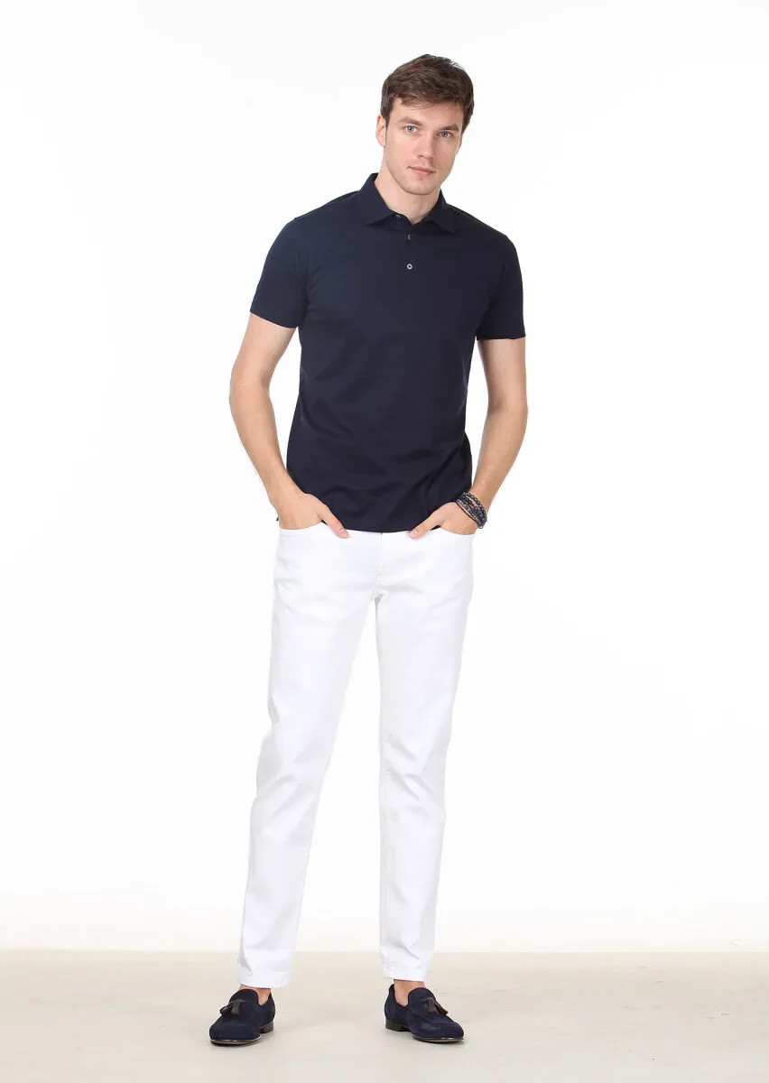 Navy Blue Plain Polo Neck 100% Cotton T-Shirt - 3