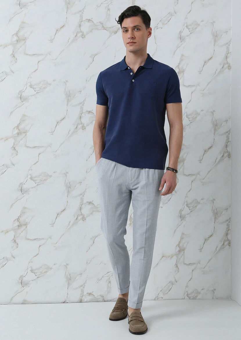 Navy Blue Plain Polo Neck 100% Cotton T-Shirt - 3