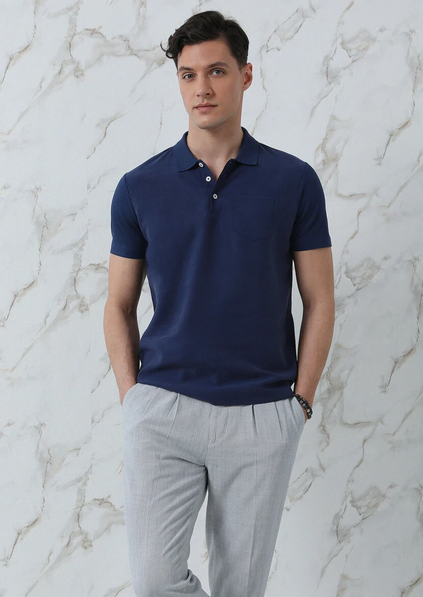Navy Blue Plain Polo Neck 100% Cotton T-Shirt - 4