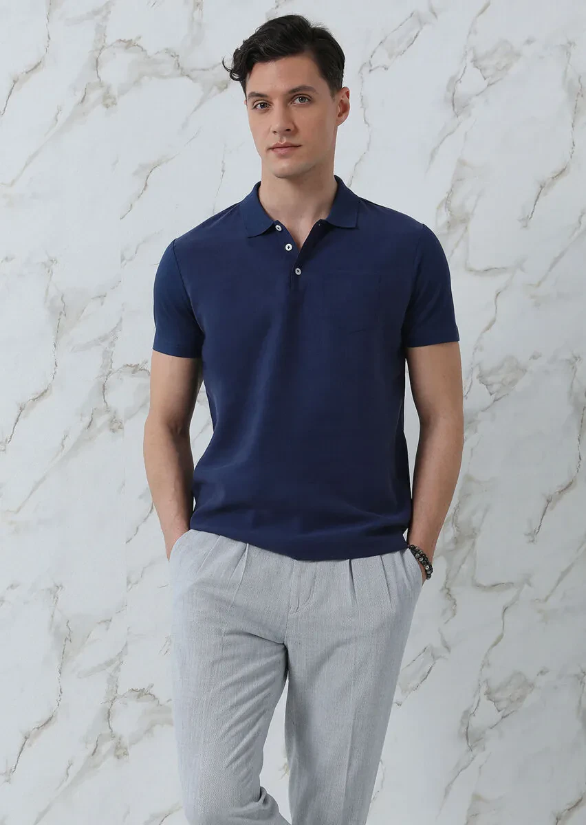 Navy Blue Plain Polo Neck 100% Cotton T-Shirt - 4