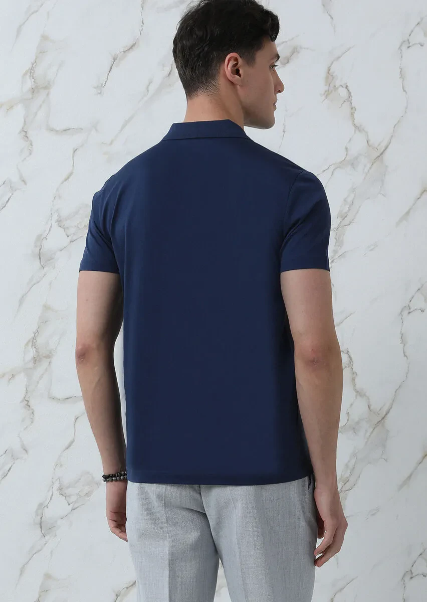 Navy Blue Plain Polo Neck 100% Cotton T-Shirt - 5