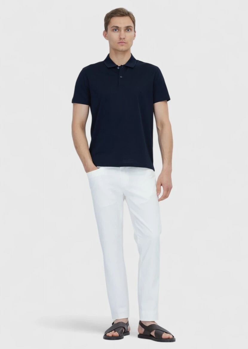 Navy Blue Plain Polo Neck 100% Cotton T-Shirt - RAMSEY