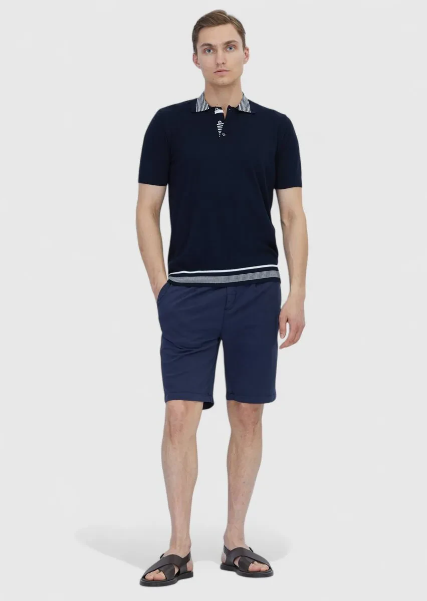 Navy Blue Plain Polo Neck 100% Cotton T-Shirt - 2