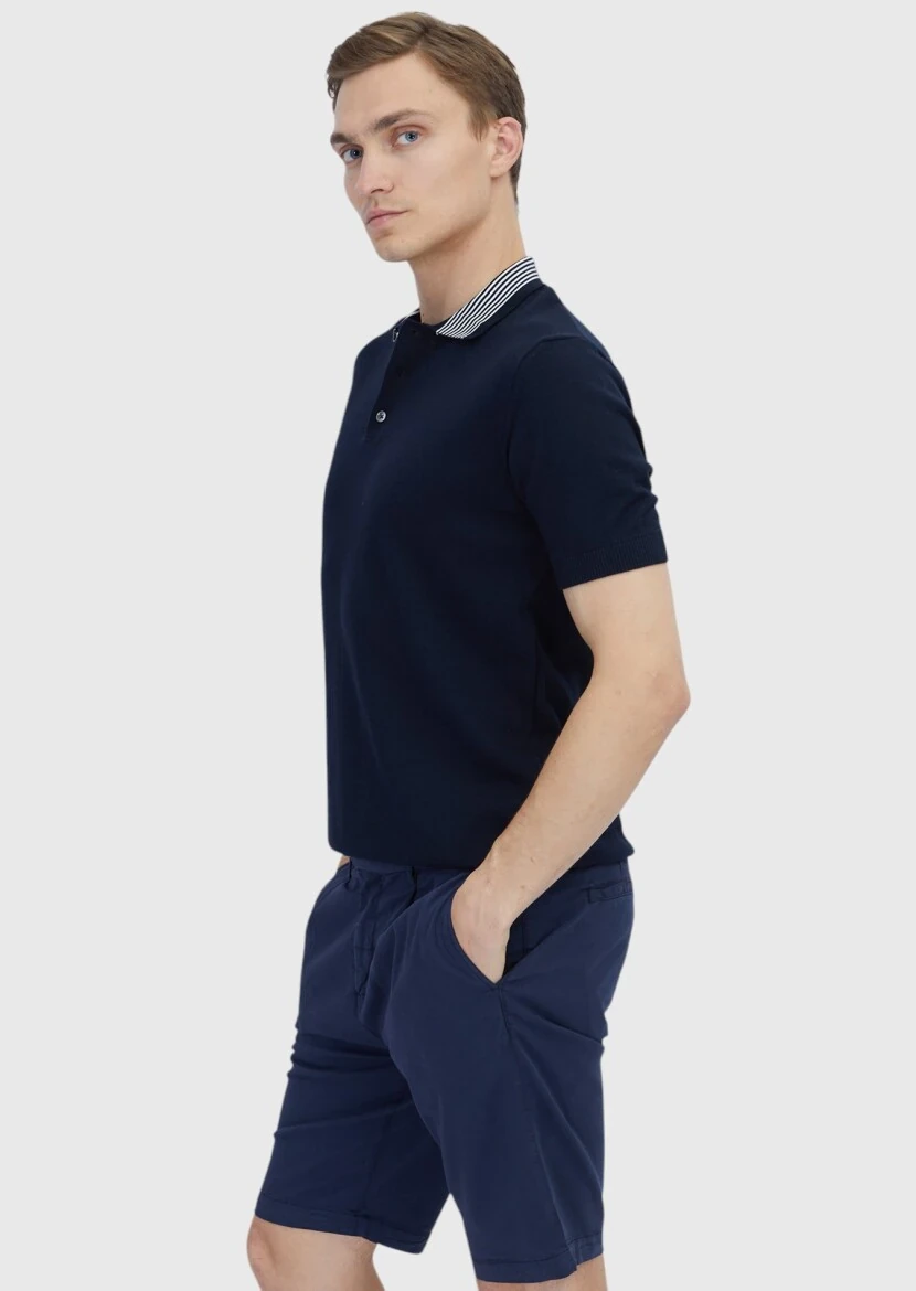 Navy Blue Plain Polo Neck 100% Cotton T-Shirt - 3