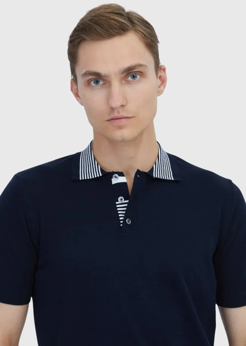 Navy Blue Plain Polo Neck 100% Cotton T-Shirt - 4