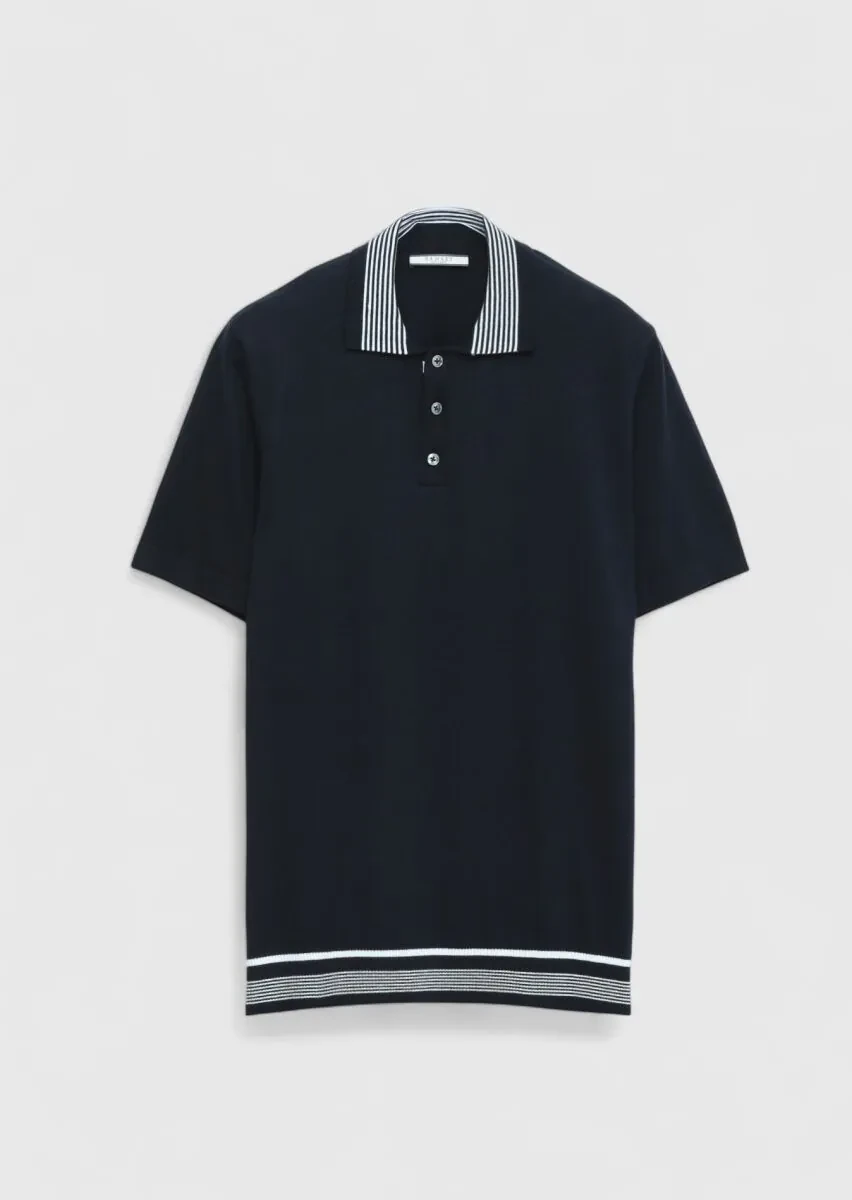 Navy Blue Plain Polo Neck 100% Cotton T-Shirt - 7