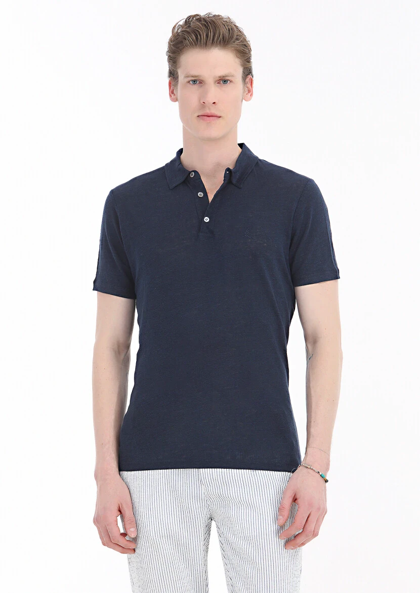 Navy Blue Plain Polo Neck 100% Linen T-Shirt 