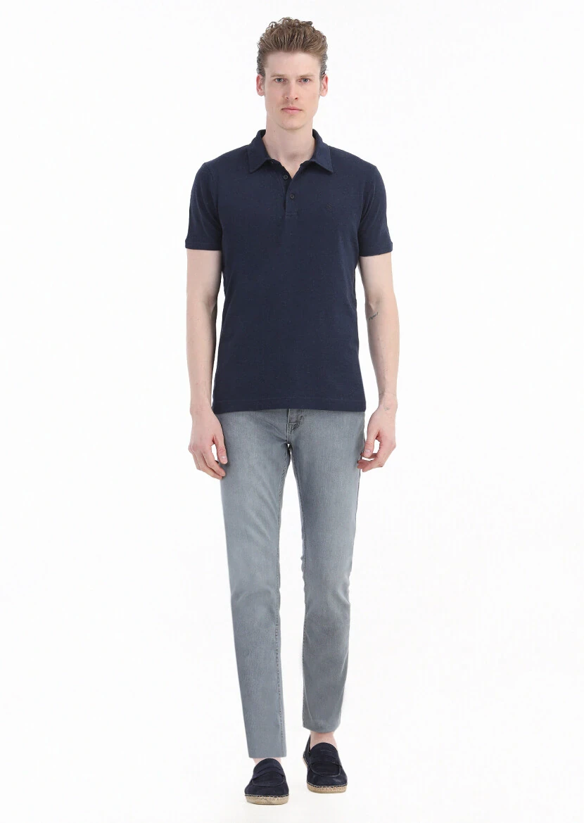 Navy Blue Plain Polo Neck Cotton Blended T-Shirt - 1