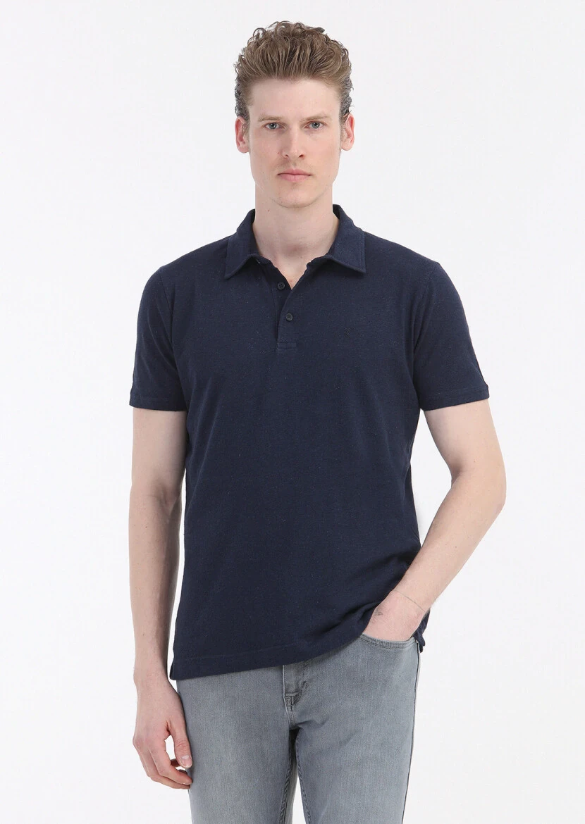 Navy Blue Plain Polo Neck Cotton Blended T-Shirt 
