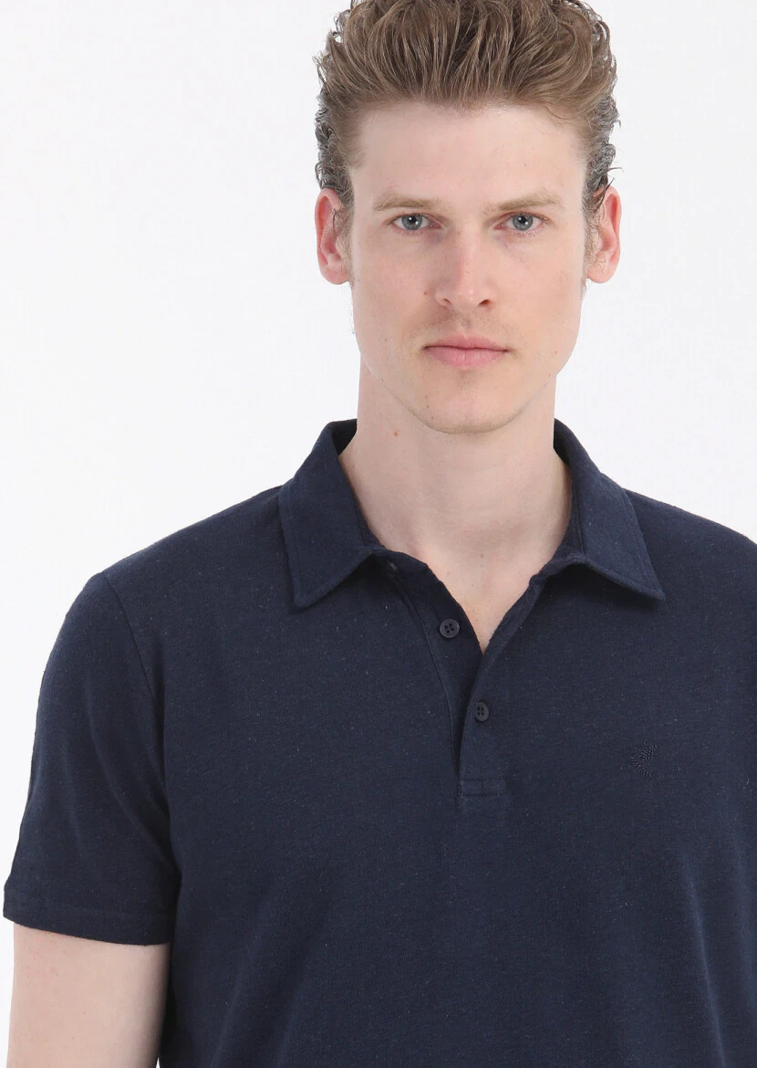 Navy Blue Plain Polo Neck Cotton Blended T-Shirt - 3