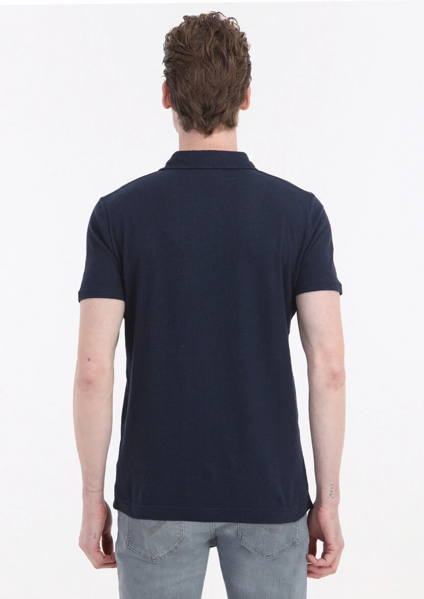 Navy Blue Plain Polo Neck Cotton Blended T-Shirt - 4