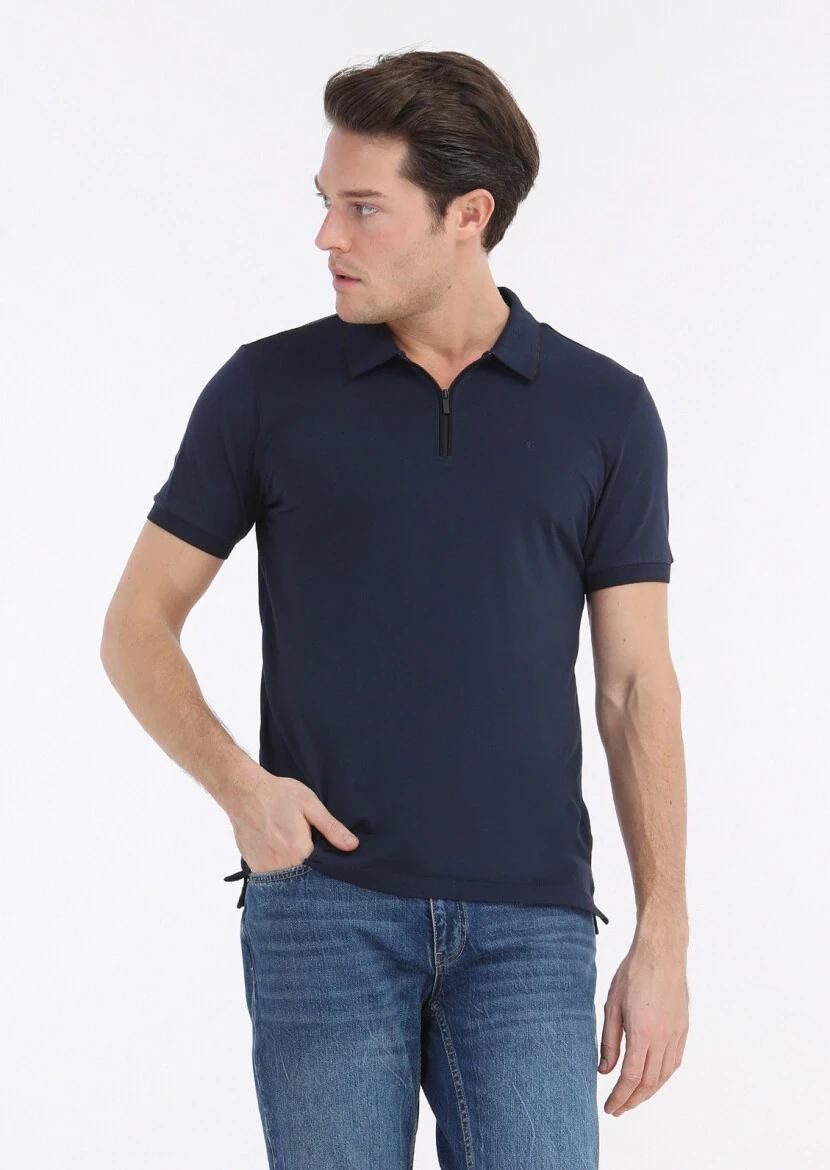 Navy Blue Plain Polo Neck Cotton Blended T-Shirt 